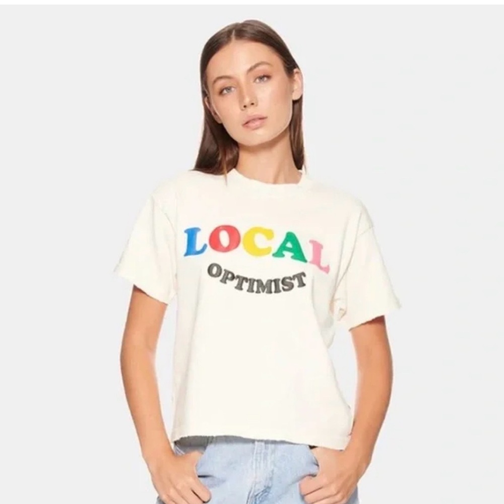 Madhappy Cream "LOCAL OPTIMIST" Short Sleeve Tee with Multicolor Letters